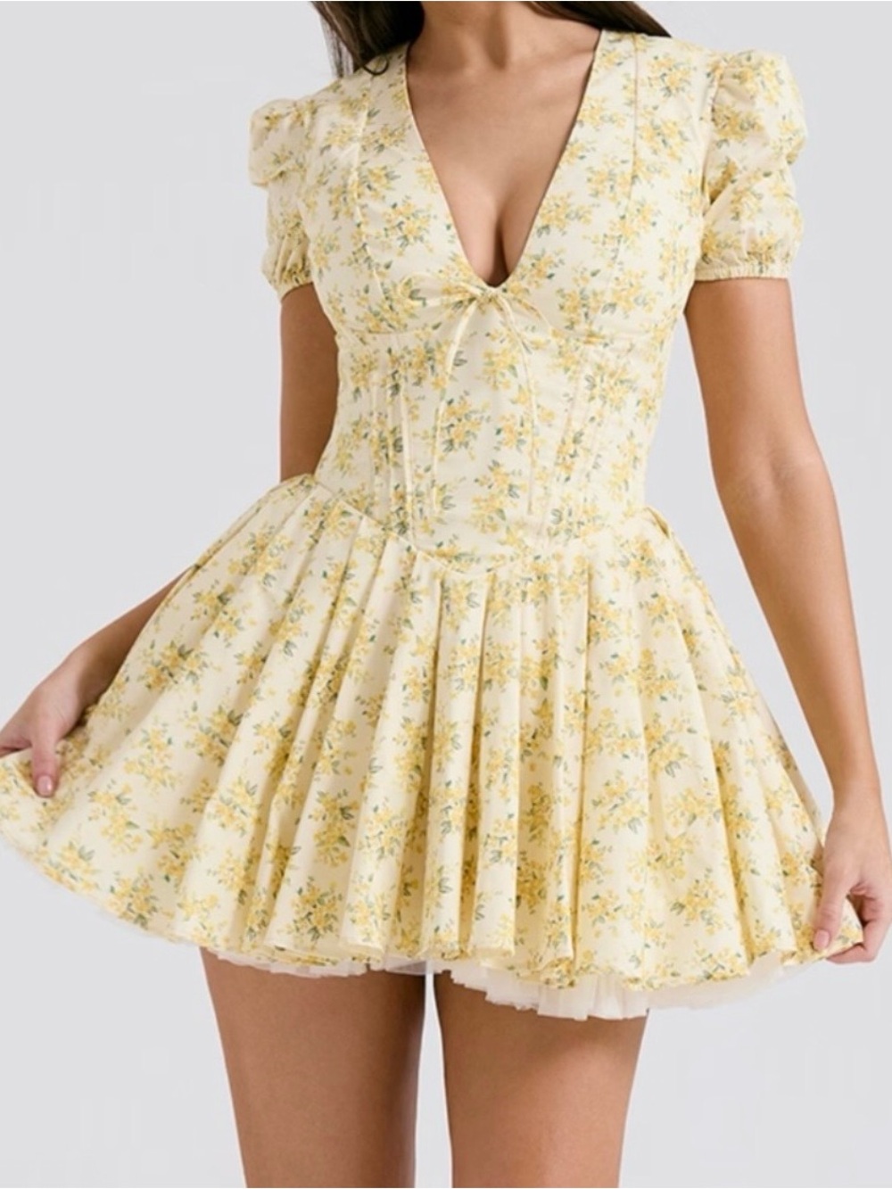 House of CB Imani Yellow Floral V-Neck Puff Sleeve Mini Dress